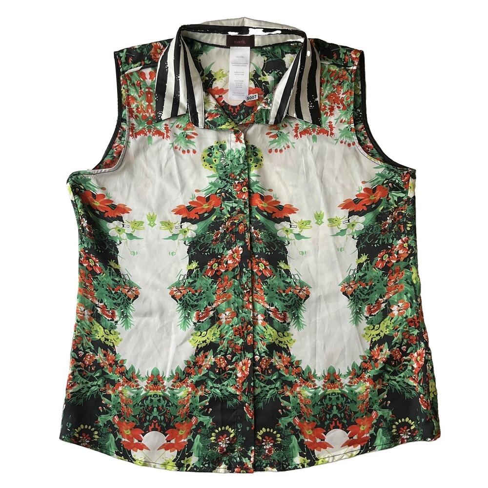 Mark. Women Button Up Shirt XXL Multicolor Floral Collared Front Sleeveless